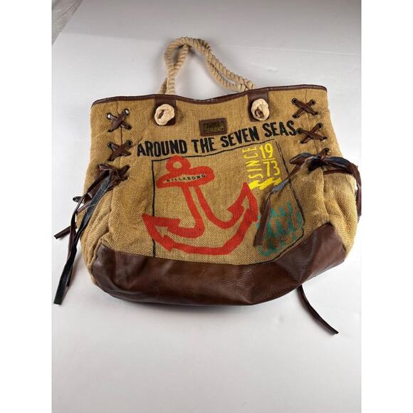 Billabong Handbags - Billabong Nautical Anchor Tote Bag Rope Handle Leather Trim Beach Coastal Summer